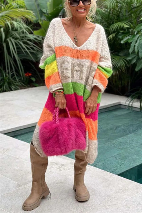 'Inara' V-Neck Long Sleeve Sweater Dress - Celes Fashion